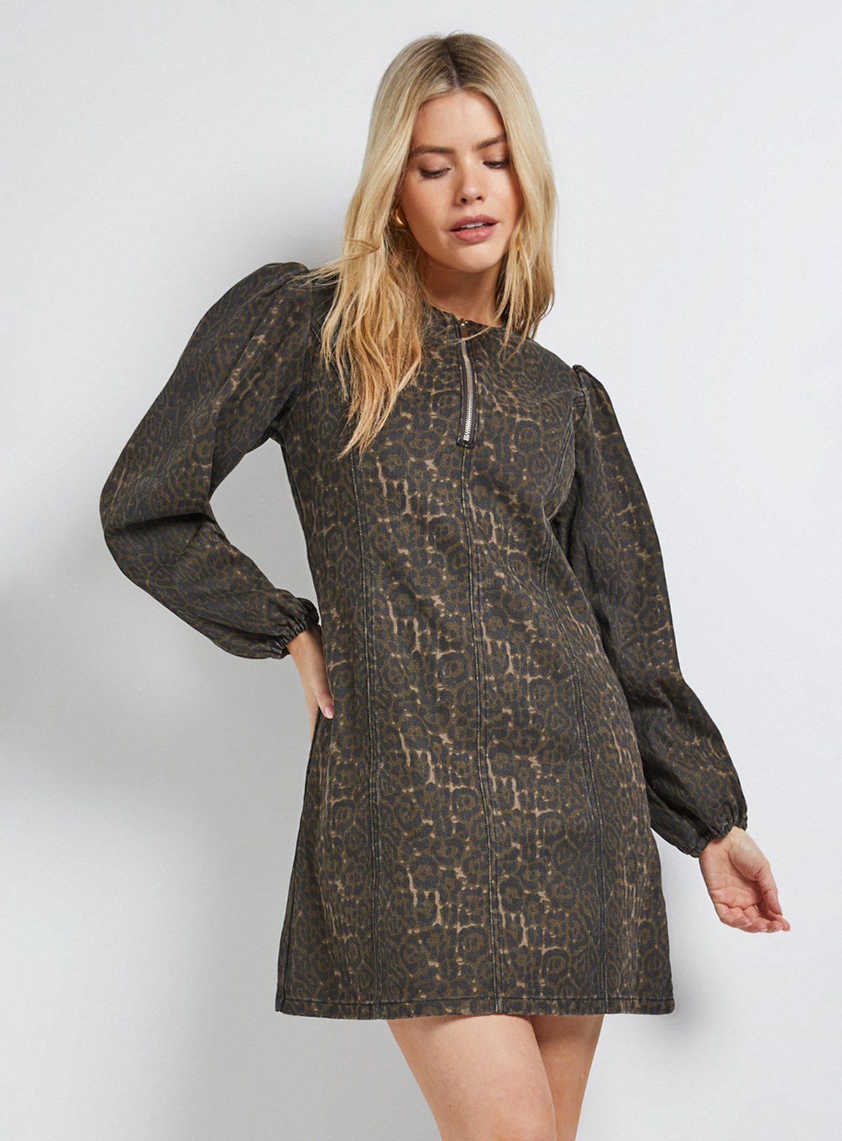DOROTHY PERKINS Leopard Zip Front Denim Mini Dress 10 - Image 1 thumbnail